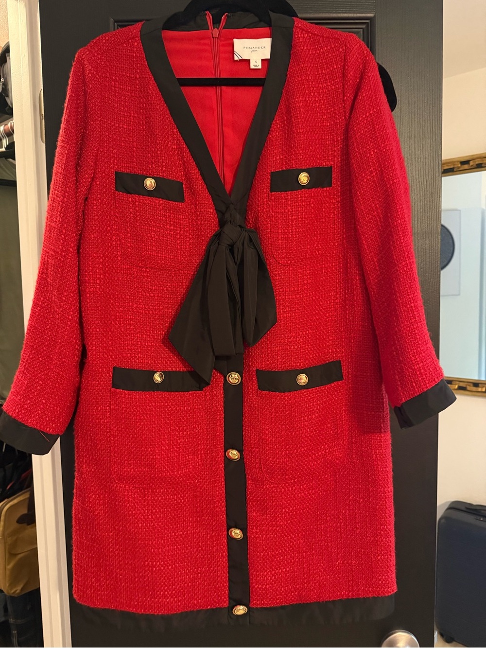 Pomander Place Red Tweed Long Blazer with Black Trim and Bow
